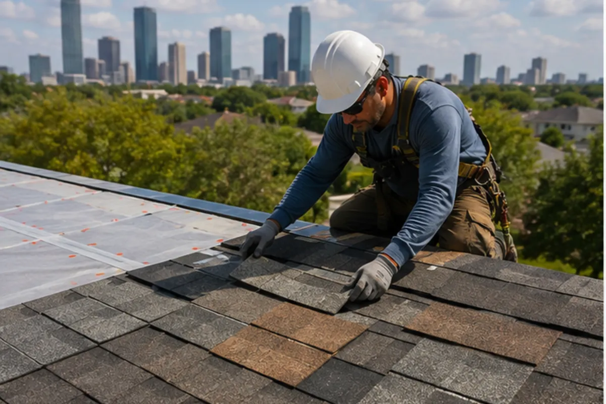 Houston roofer reviewing architectural shingle material and roof assembly layers